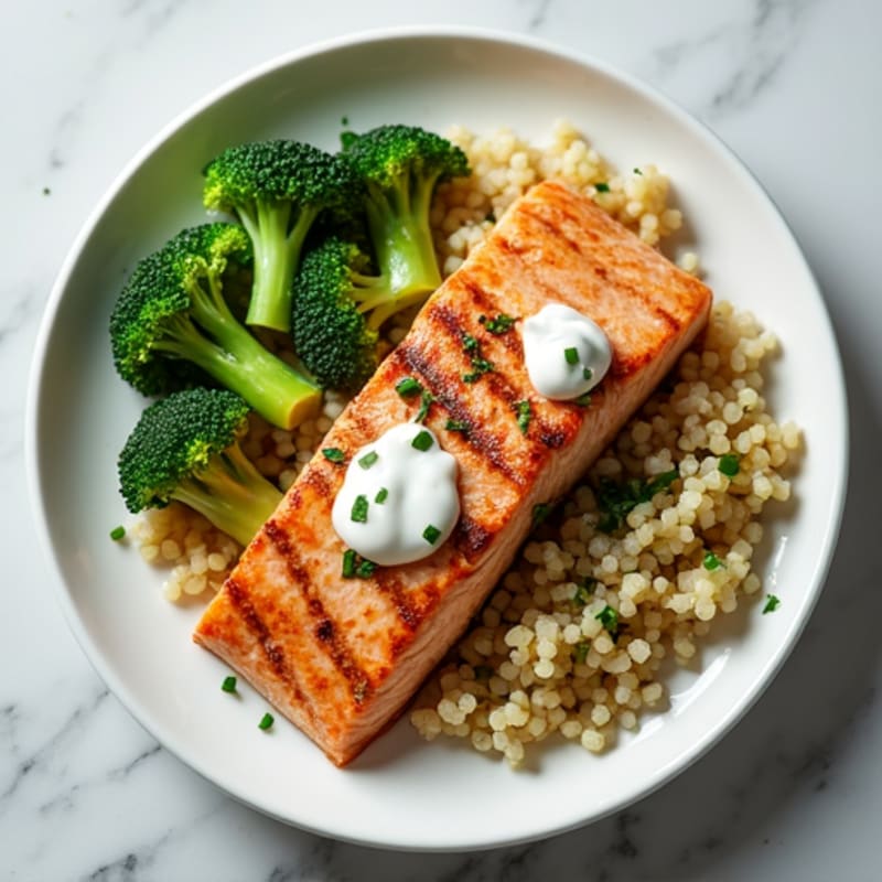 Grilled Salmon Fillet with Steamed Broccoli and Quinoa