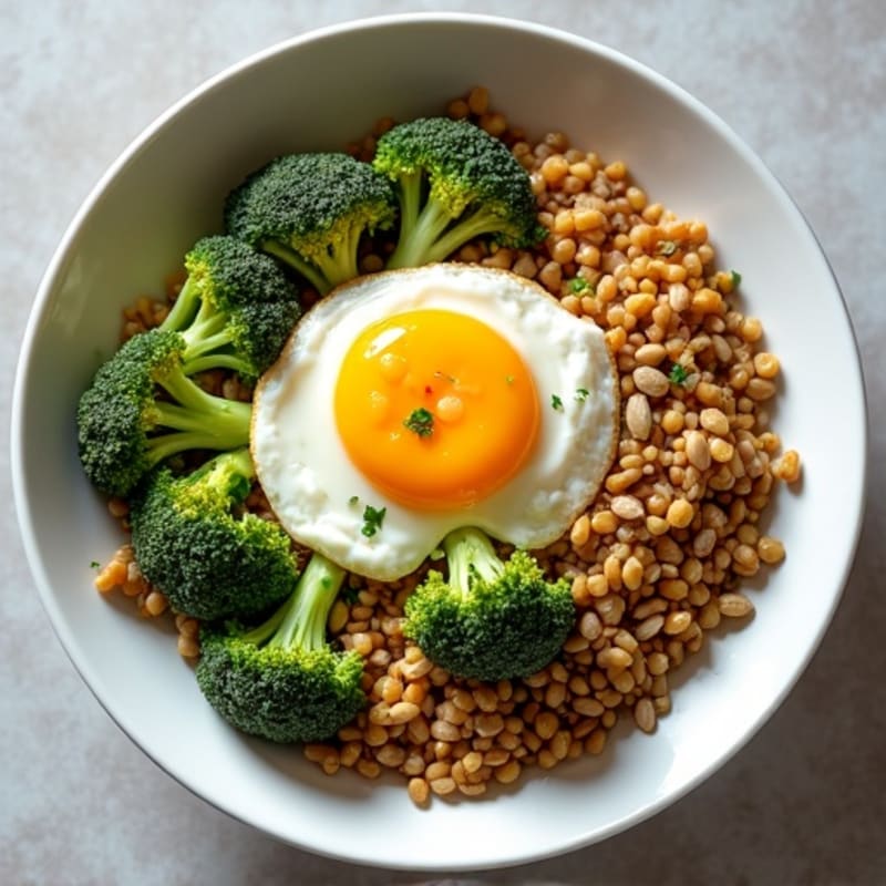 Lentil and Quinoa Power Bowl with Roasted Broccoli and Egg Whites