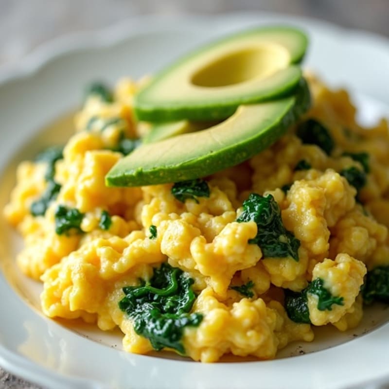 Fluffy Scrambled Eggs with Sautéed Spinach and Sliced Avocado