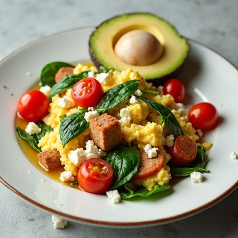 Egg White and Turkey Sausage Scramble with Spinach and Cherry Tomatoes