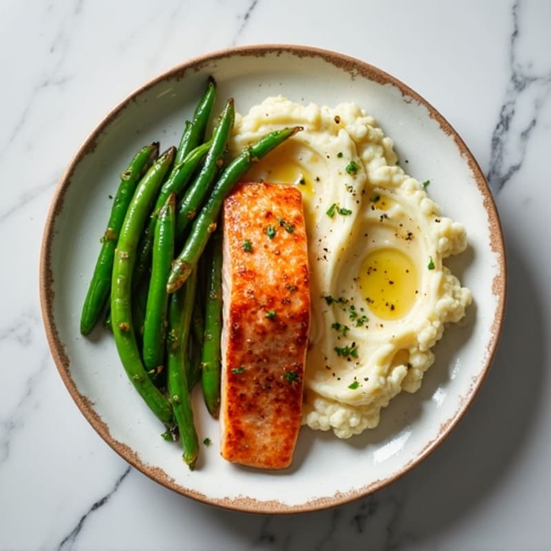 Seared Salmon with Garlic Green Beans and Cauliflower Mash