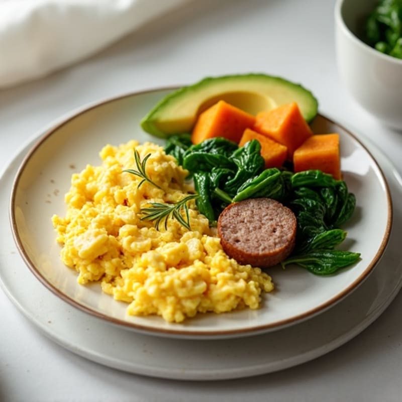 Egg White Scramble with Turkey Sausage and Sautéed Spinach