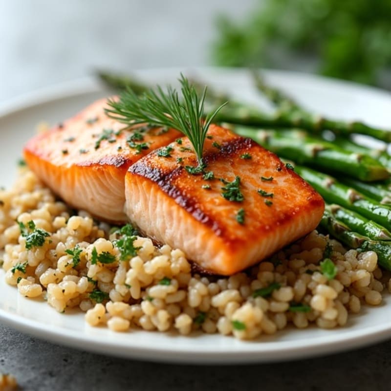Seared Salmon with Steamed Asparagus and Herbed Brown Rice