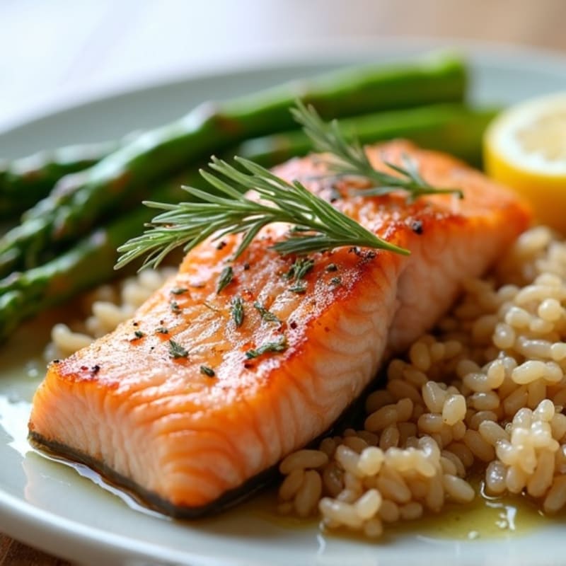 Seared Salmon with Steamed Asparagus and Brown Rice