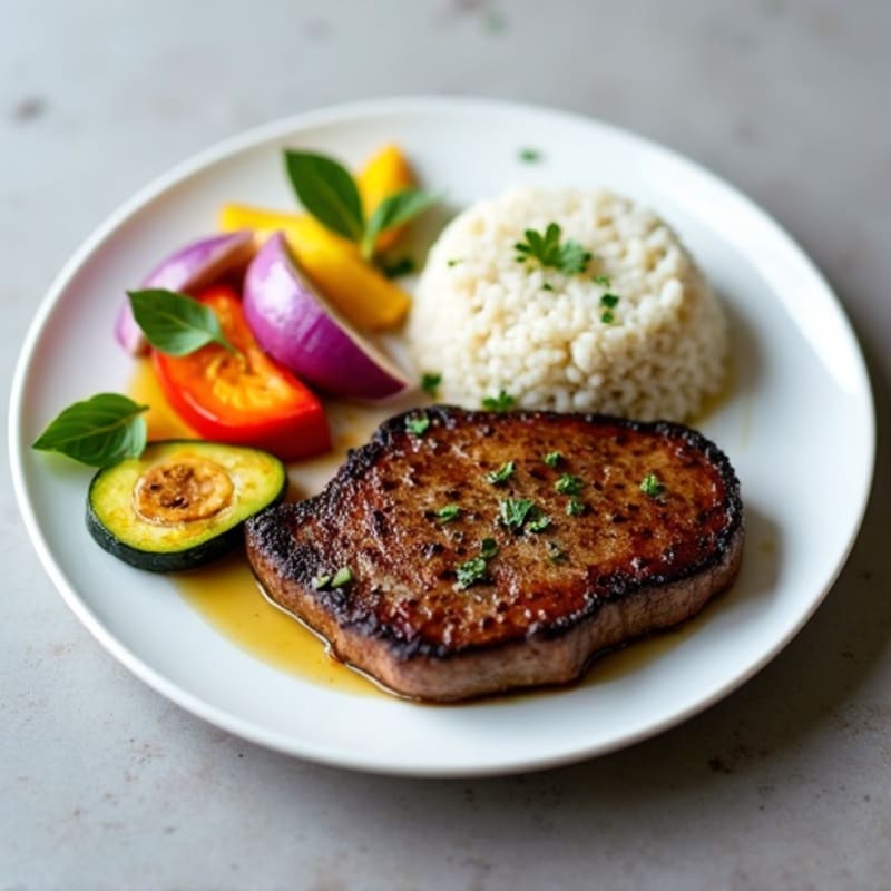 Seared Steak with Roasted Vegetables and Herb Rice