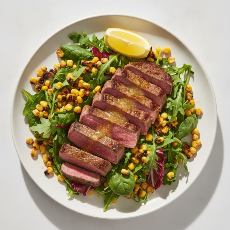 Seared Steak with Roasted Corn and Mixed Greens