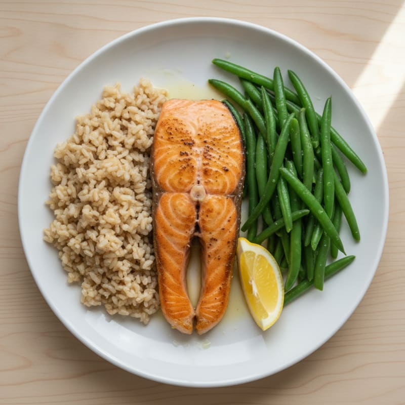 Seared Salmon Fillet with Steamed Green Beans and Brown Rice