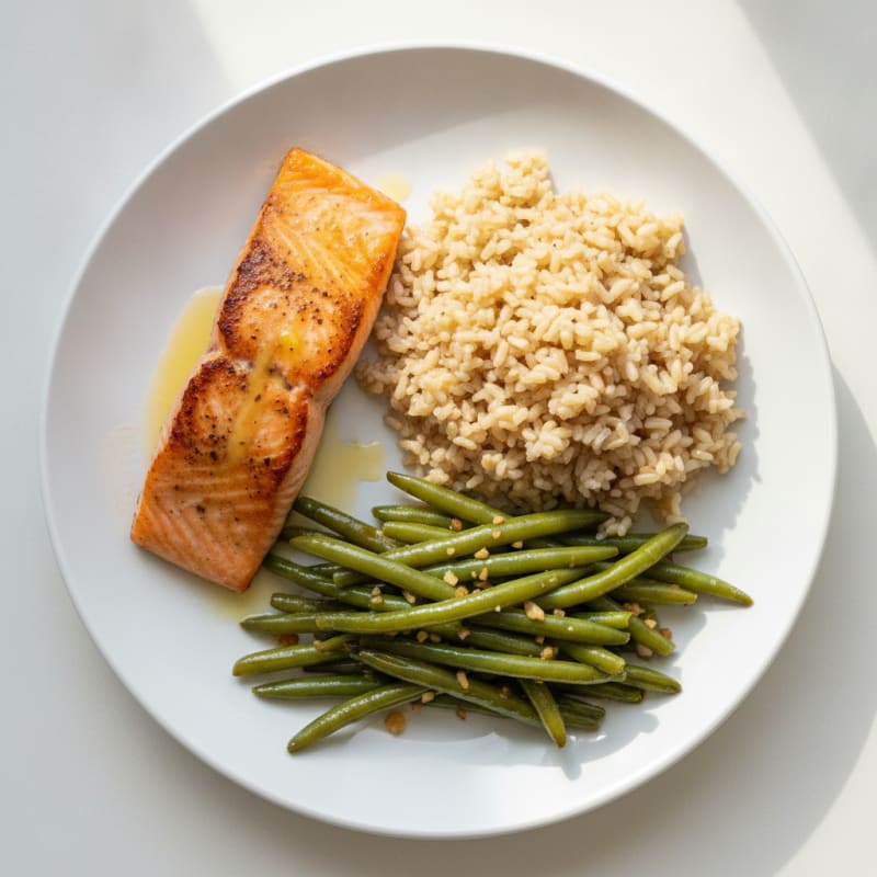 Seared Salmon with Garlic Green Beans and Brown Rice