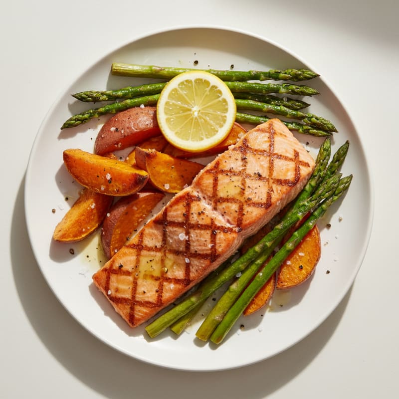 Seared Salmon with Roasted Sweet Potatoes and Asparagus