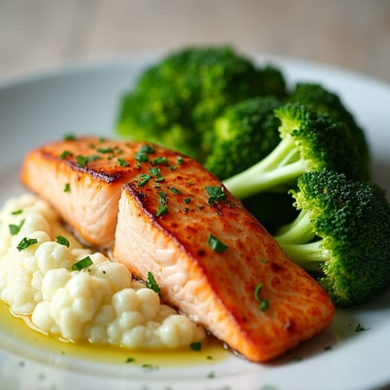 Seared Salmon with Steamed Broccoli and Garlic Cauliflower Mash