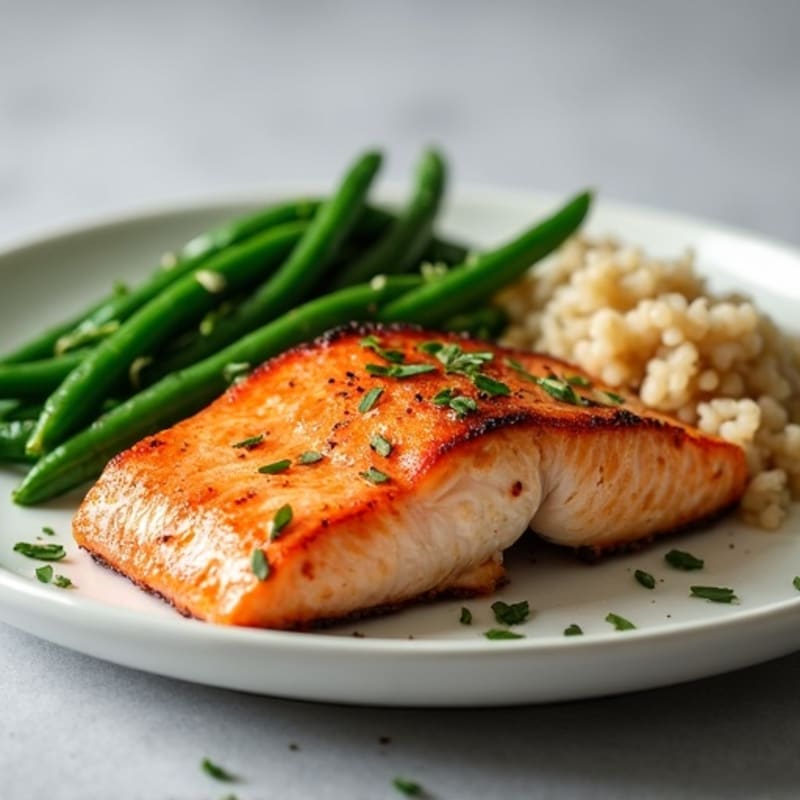 Seared Salmon Fillet with Steamed Green Beans and Brown Rice