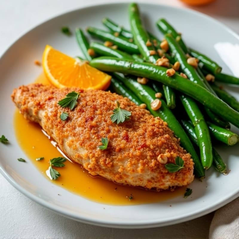 Crispy Baked Orange Chicken with Roasted Green Beans