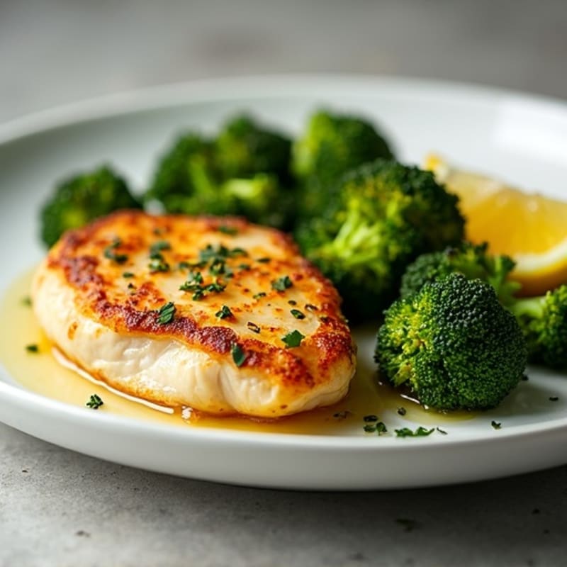 Crispy Lemon-Herb Pan-Seared Chicken Breast with Roasted Broccoli