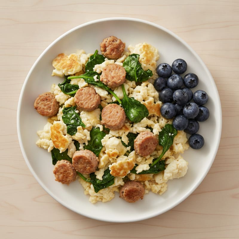 Egg White Scramble with Turkey Sausage and Sautéed Spinach