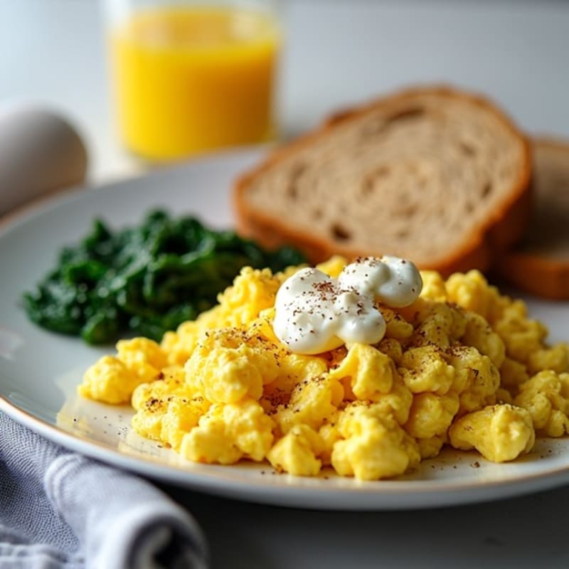 Scrambled Eggs with Cottage Cheese and Sautéed Spinach