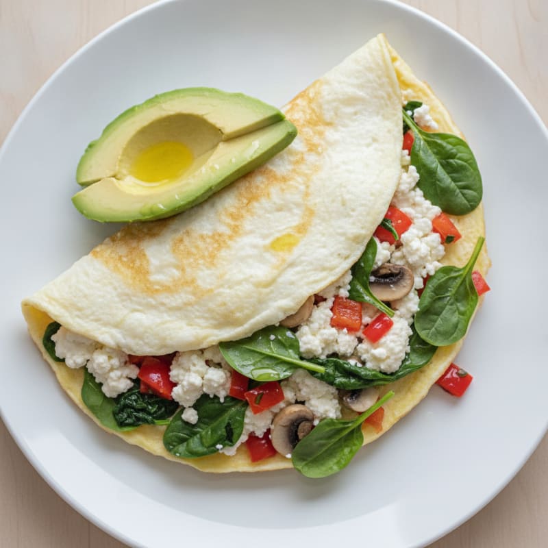 Egg White Veggie Omelet with Cottage Cheese and Sautéed Spinach