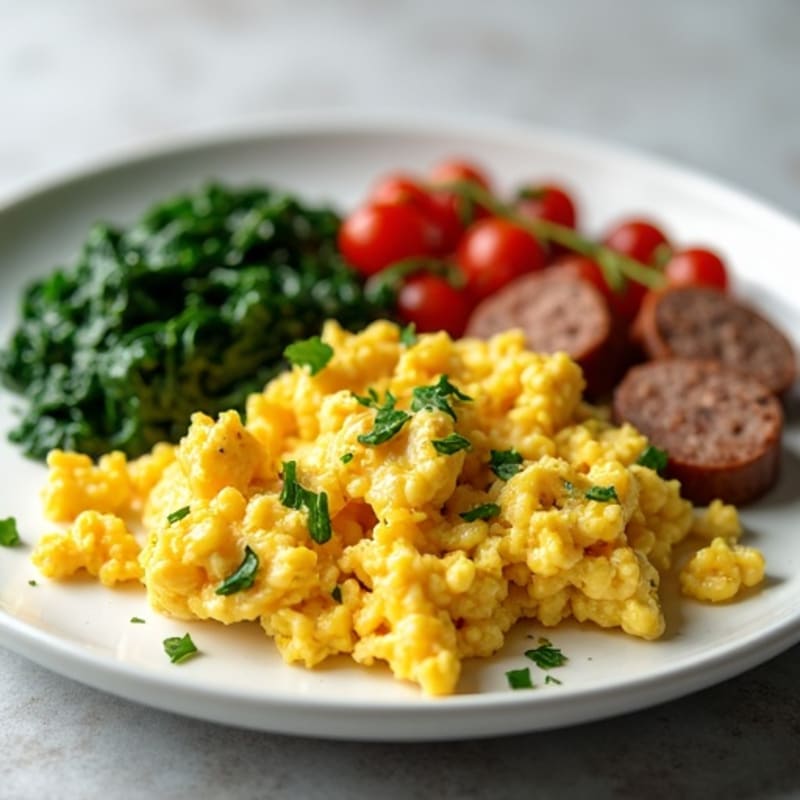 Egg White Scramble with Turkey Sausage and Sautéed Spinach