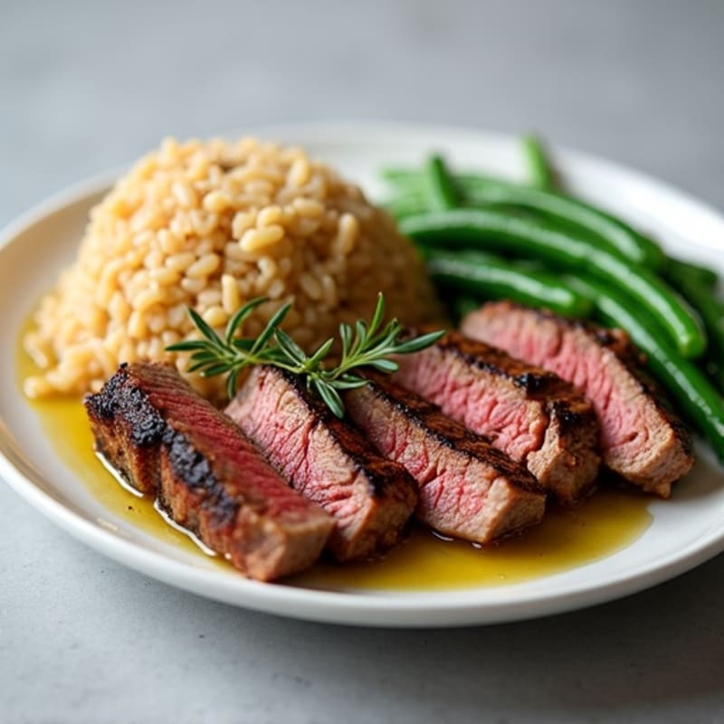 Seared Sirloin Steak with Garlic Green Beans and Brown Rice