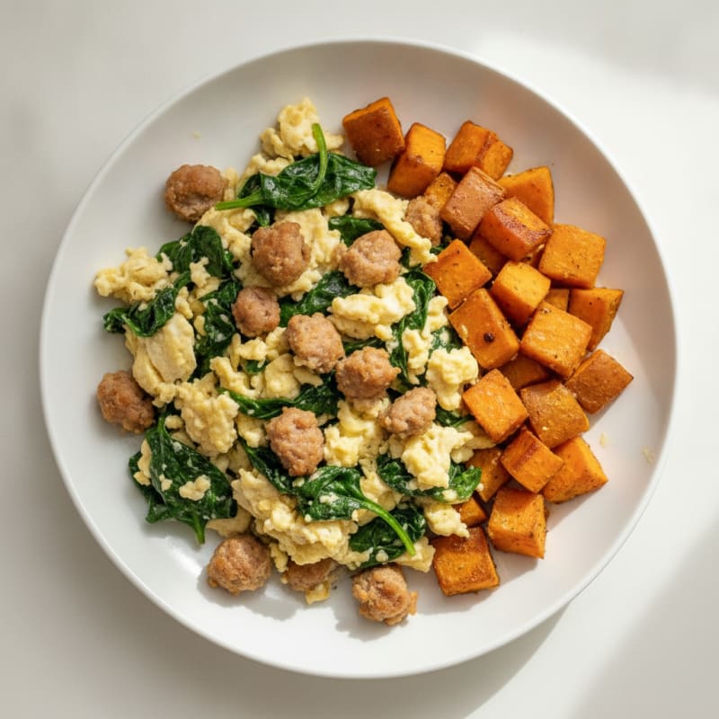 Egg White Spinach Scramble with Turkey Sausage and Roasted Sweet Potatoes