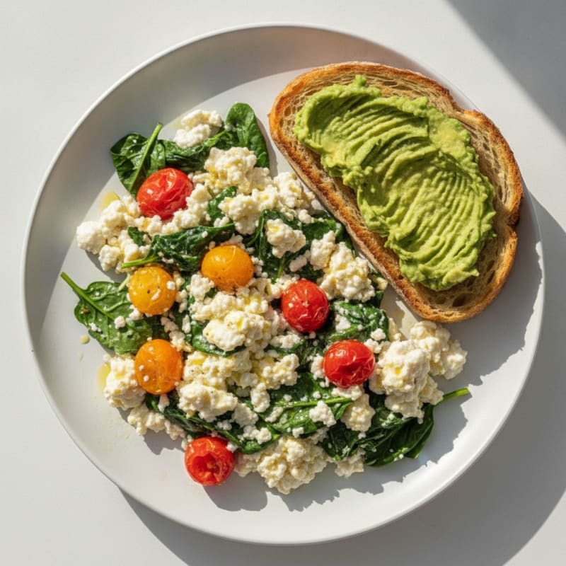 Cottage Cheese Egg White Scramble with Spinach and Tomatoes