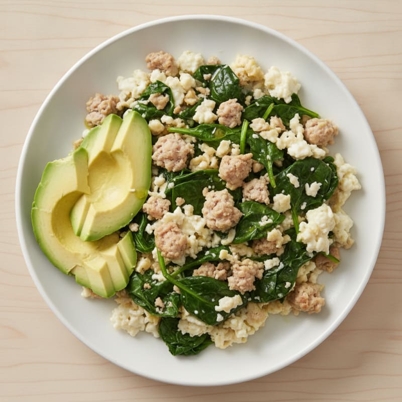 Egg White and Turkey Sausage Scramble with Sautéed Spinach