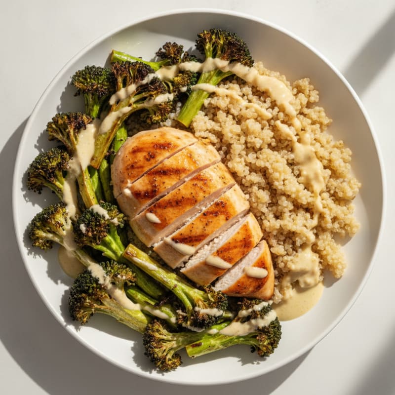 Grilled Chicken and Quinoa Bowl with Roasted Broccoli and Lemon Tahini Drizzle