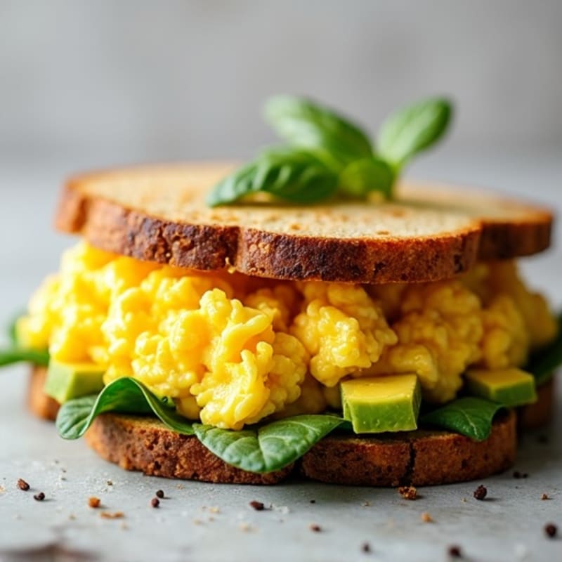 Fluffy Scrambled Egg and Avocado Sandwich on Toasted Whole Grain