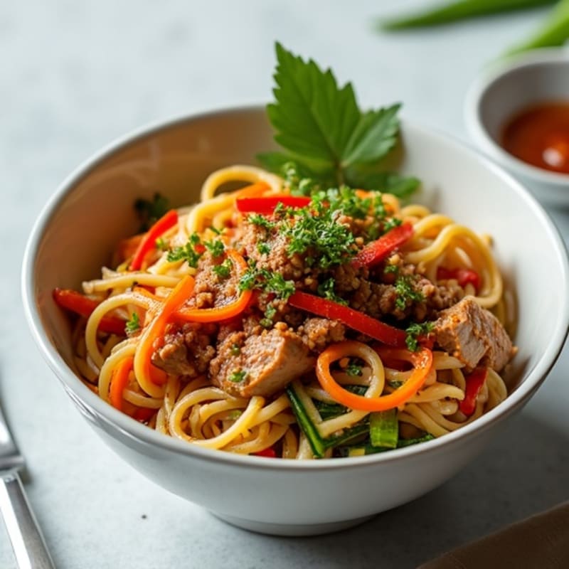 Spicy Ginger-Garlic Ground Pork Noodle Bowl