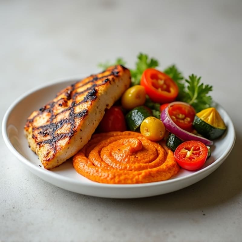 Grilled Chicken and Roasted Vegetable Plate with Creamy Roasted Red Pepper Hummus
