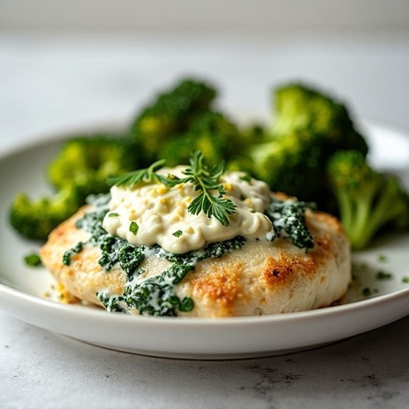 Creamy Spinach Artichoke Baked Chicken with Crispy Roasted Broccoli
