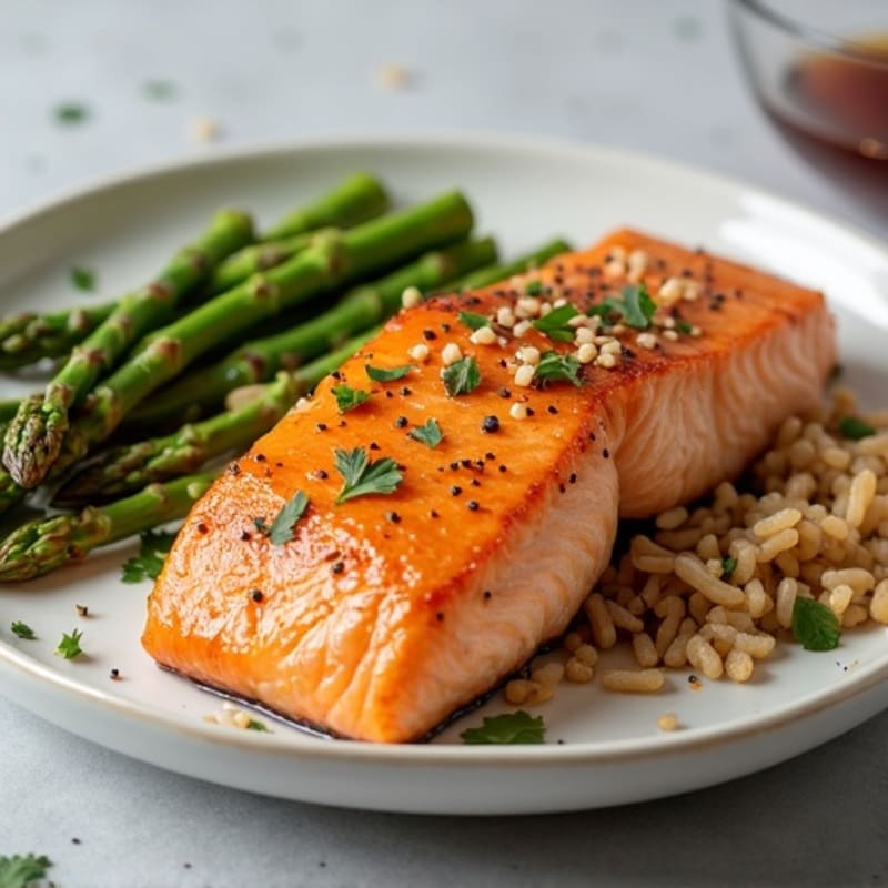 Honey Garlic Glazed Salmon with Roasted Asparagus and Brown Rice