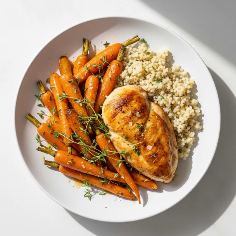 Caramelized Maple-Glazed Roasted Carrots with Herbed Chicken