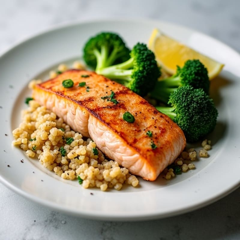 Seared Salmon with Steamed Broccoli and Quinoa Pilaf