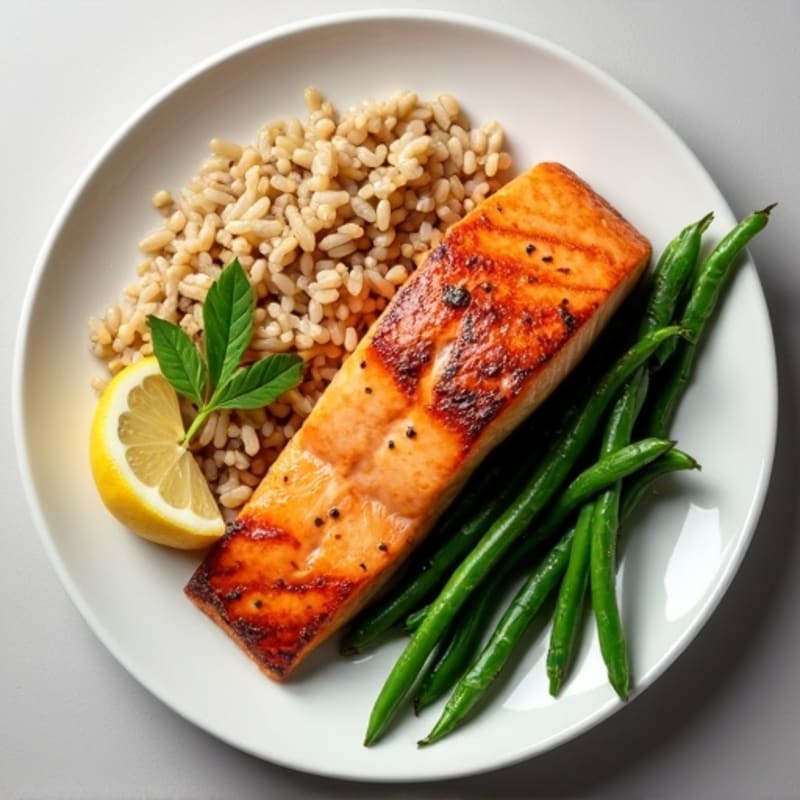 Seared Salmon with Steamed Green Beans and Brown Rice