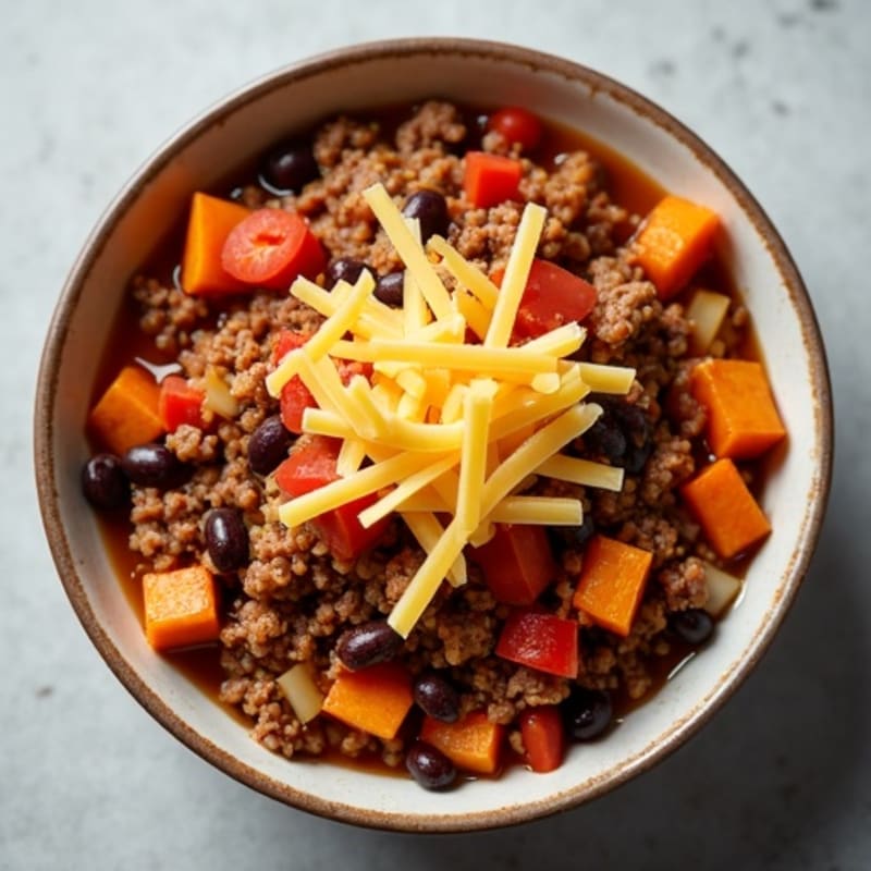 Hearty Lean Beef Chili Bowl with Creamy Cheddar and Roasted Sweet Potato