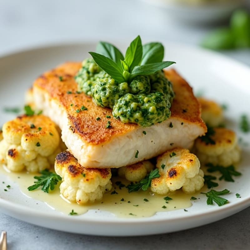 Pan-Seared White Fish with Vibrant Green Herb Sauce and Crispy Roasted Cauliflower Steaks