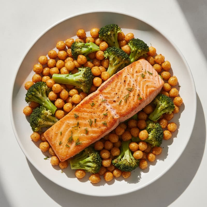 Seared Salmon with Roasted Chickpeas and Steamed Broccoli