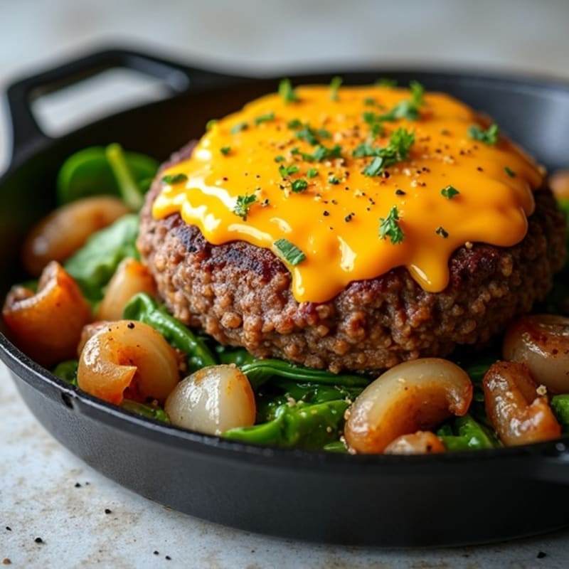 Lean Ground Beef Cheeseburger Skillet with Sautéed Onions and Melty Cheddar