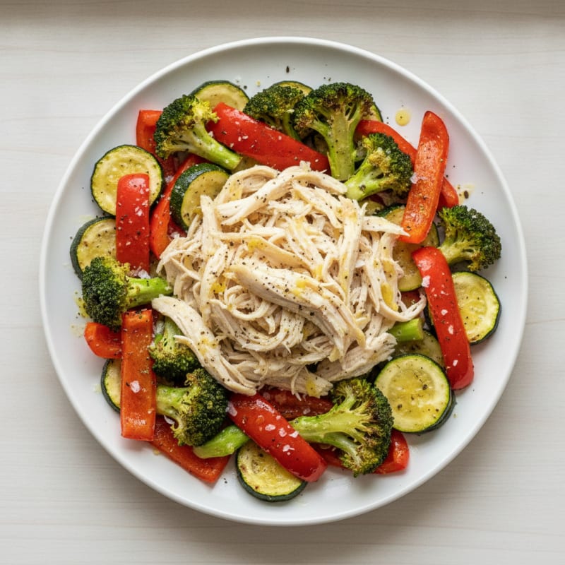 Lemon-Herb Shredded Chicken with Roasted Rainbow Vegetables