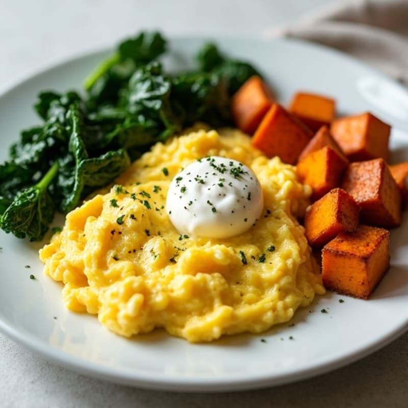 Creamy Scrambled Eggs with Sautéed Spinach and Roasted Sweet Potato Cubes