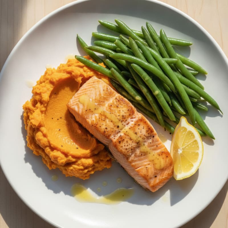 Seared Salmon with Steamed Green Beans and Sweet Potato Mash