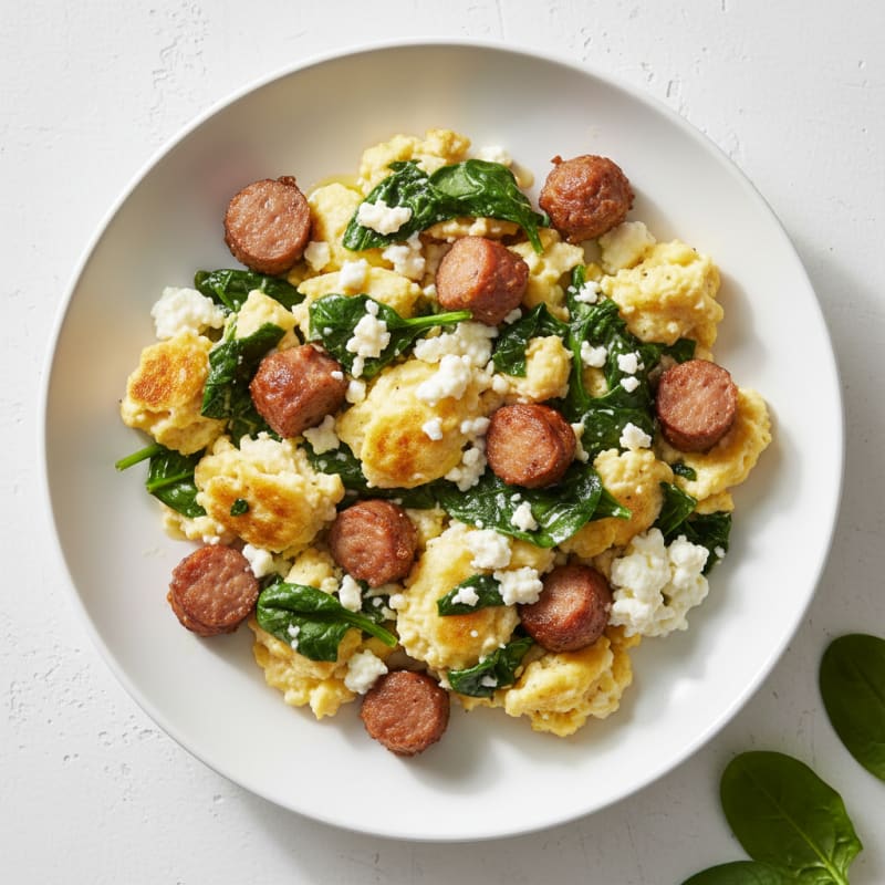 Cottage Cheese Egg Scramble with Spinach and Turkey Sausage