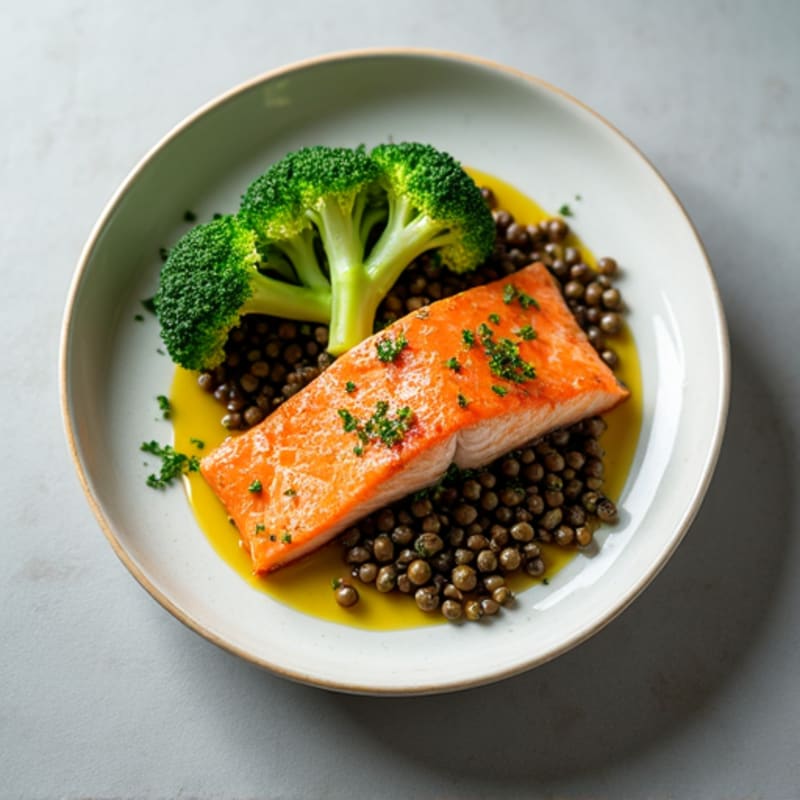 Seared Salmon with Steamed Broccoli and Herbed Lentils