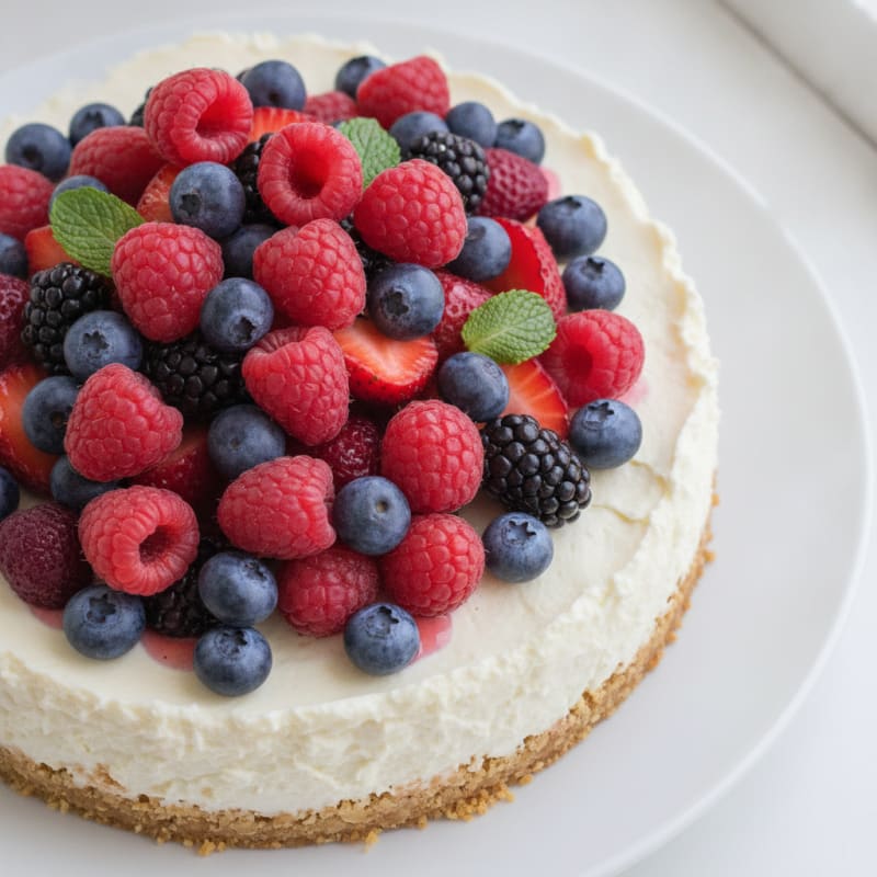 High-Protein Cheesecake with Greek Yogurt and Fresh Berries