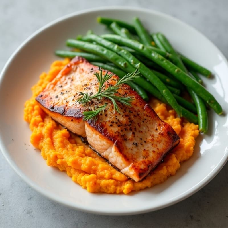 Seared Salmon with Garlic Green Beans and Herbed Sweet Potato Mash