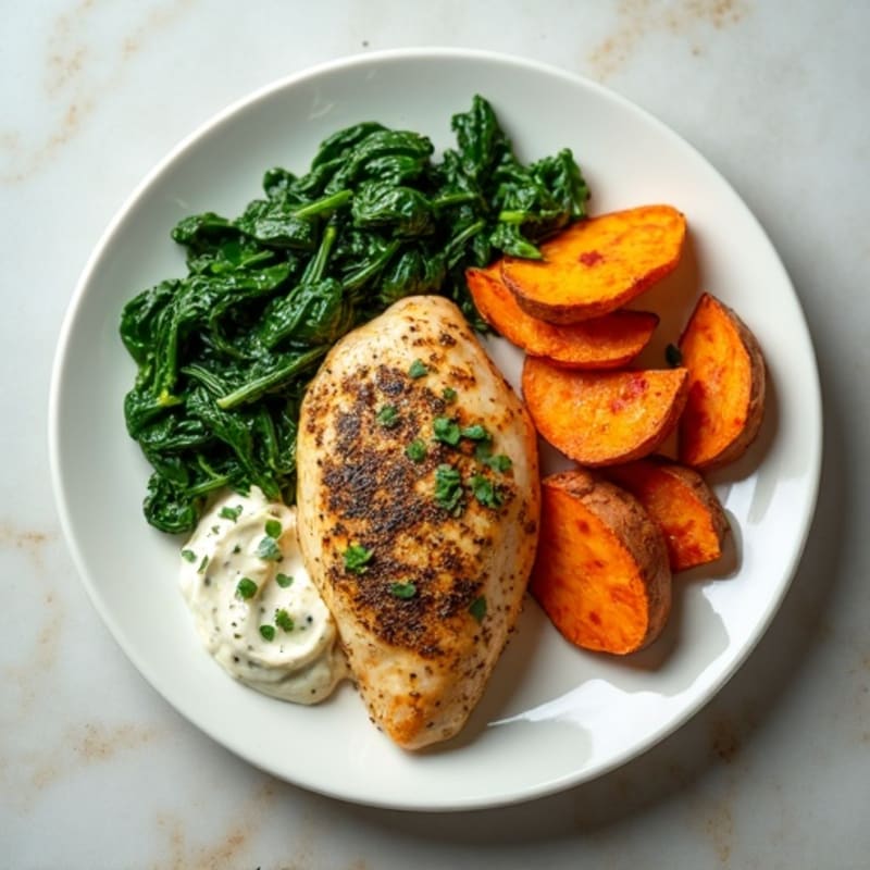 Herb-Roasted Chicken with Creamy Spinach and Sweet Potato