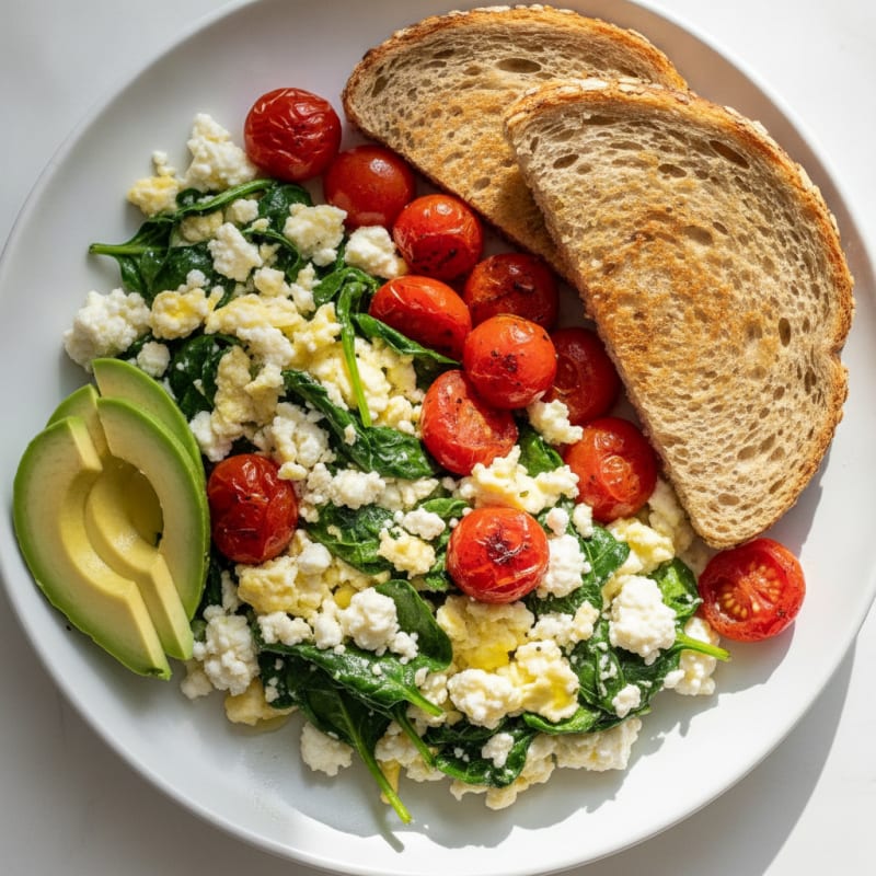 Egg White Spinach Scramble with Cottage Cheese and Cherry Tomatoes