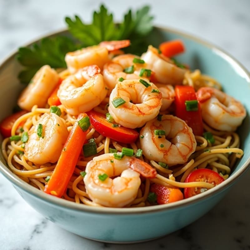 Shrimp with Tangy Peanut Rice Noodles and Fresh Vegetables