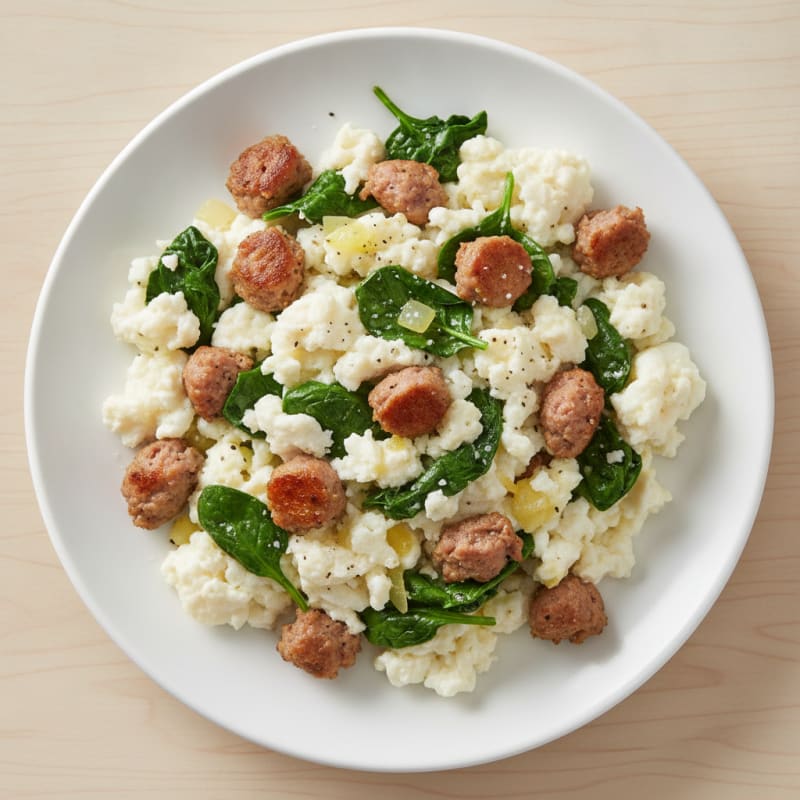 Egg White Scramble with Turkey Sausage and Sautéed Spinach