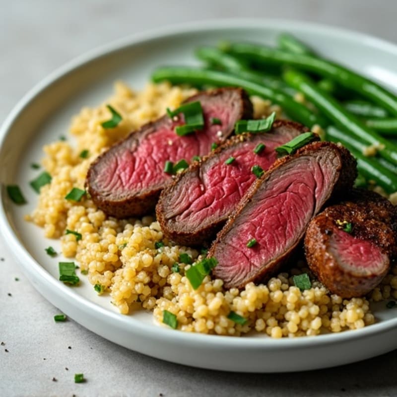 Seared Lean Beef with Garlic Green Beans and Quinoa